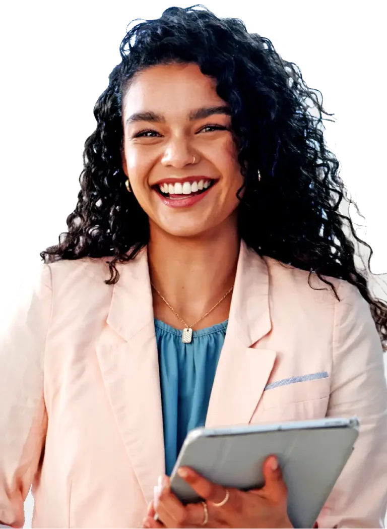 your woman smiling, holding tablet